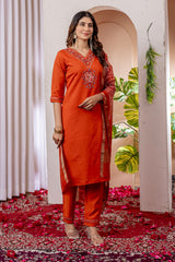 Festive Wear Embroidered Orange Salwar Suit Set with Zari Border Dupatta for Women