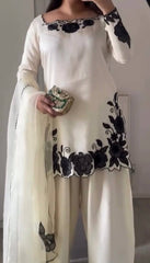 Designer White Silk Kurti with Palazzo and Matching Dupatta Set
