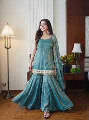 Silk Blend Sharara Kurta Set with Embroidered Borders & Matching Dupatta