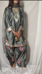 Premium Grey Silk Salwar Suit with Pink Floral Embroidery & Organza Dupatta