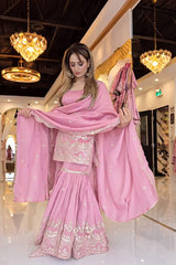Light Pink Designer Kurti with Flared Sharara and Heavy Work Dupatta