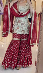 Designer Pastel Green Kurti & Deep Red Sharara Set with Scalloped Border