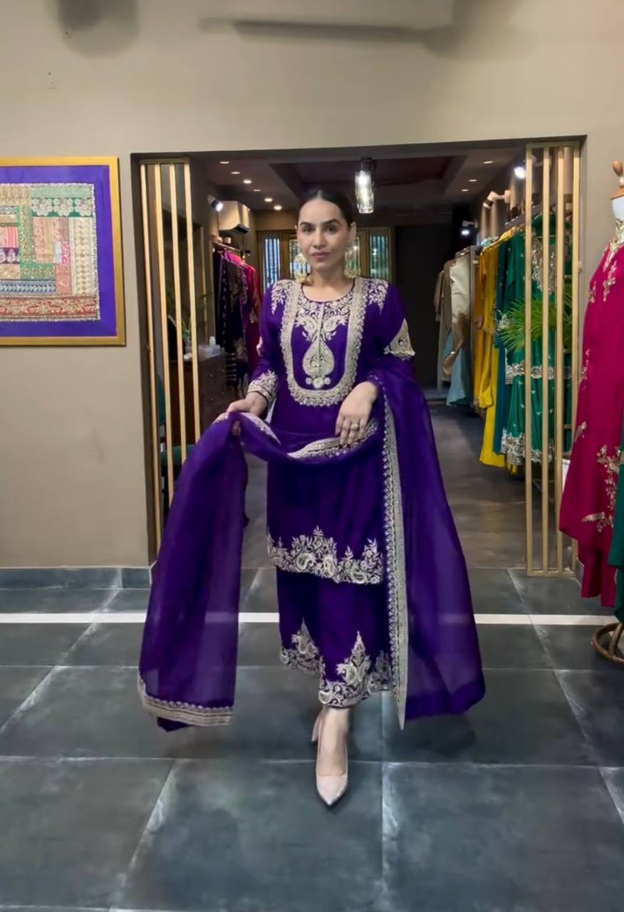 Designer Purple Festive Wear Salwar Suit with Intricate Neck & Border Work