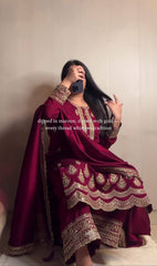 Deep Maroon Silk Salwar Suit with Antique Gold Zari Work
