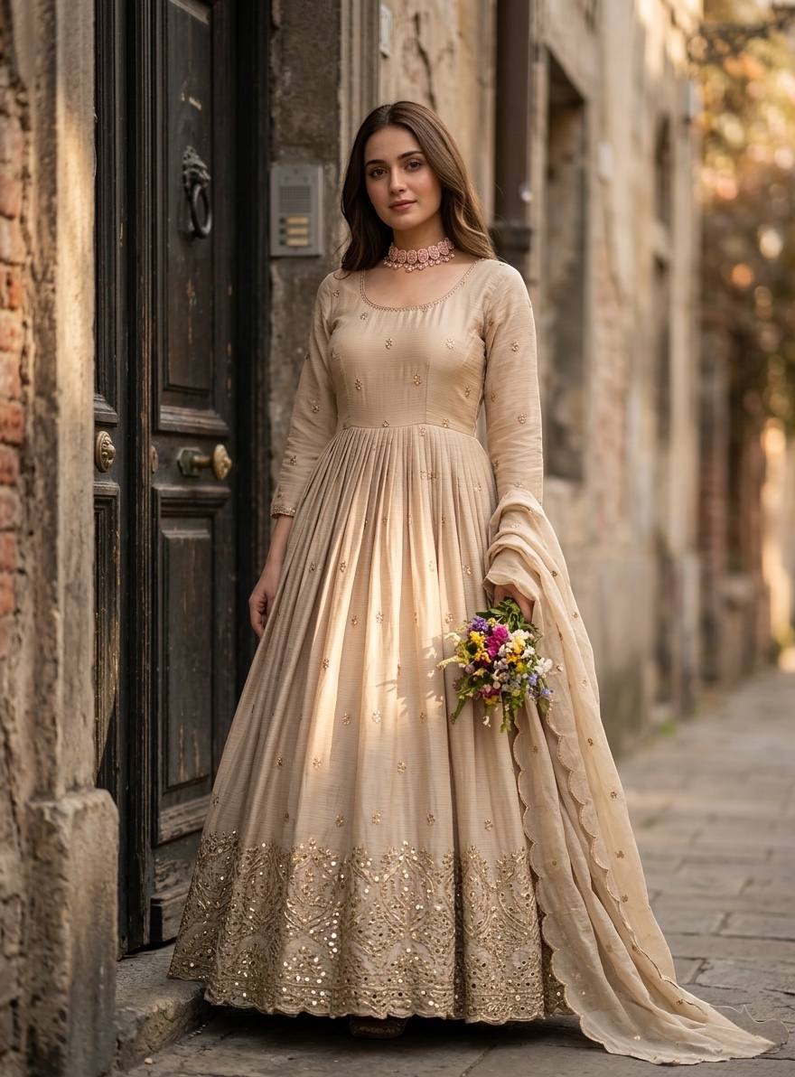 Elegant Cream Embroidered Anarkali Long Kurta Set for Weddings