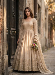 Elegant Cream Embroidered Anarkali Long Kurta Set for Weddings