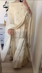 Off-White Georgette Sharara Suit with Heavy Embroidery & Gota Patti Work