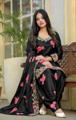 Premium Black Silk Kurta Set with Pink Floral Embroidery