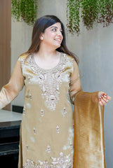 Designer Golden Olive Party Wear Suit - Embroidered Tissue Silk Kurta & Flared Sharara