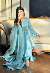 Icy Blue Hand-Embroidered Festive Set - Pearl Jaal Work Kurta & Palazzo