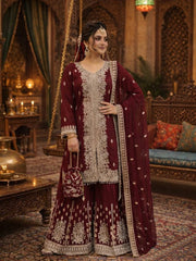 Royal Maroon Georgette Sharara Set with Heavy Antique Gold Embroidery