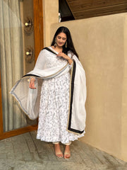 White Floral Anarkali Set with Contrast Black Bordered Dupatta