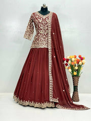 Designer Bridal Maroon Lehnga Set - Heavily Embroidered Choli & Flared Georgette Skirt