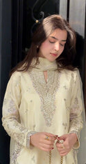Designer Cream Silk Sharara Suit with Heavy Silver Zari Embroidery & Scalloped Borders