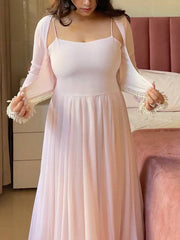 Designer Baby Pink Flared Gown with Sheer Sleeves and Choker Dupatta