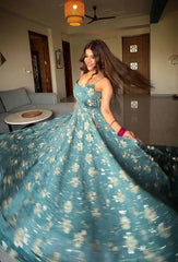 Elegant Teal Blue Party Wear Suit with Spaghetti Straps & Intricate Embroidery