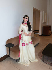 Designer Ivory Embroidered Kurti with Wide-Leg Sharara & Pink Dupatta