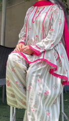 Elegant Grey and White Floral Printed Kurta Salwar Set with Tassels