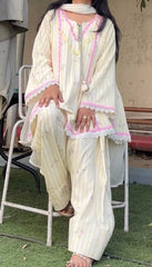 Cream and Yellow Floral Printed Kurta Salwar Set with Lace Borders