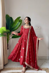 Deep Maroon Anarkali Suit Set with Zari Border Dupatta