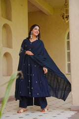 Elegant Royal Navy Blue Anarkali Suit Set with Subtle Embroidery