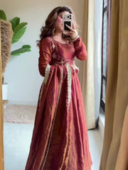 Designer Metallic Maroon Anarkali Gown with Koti Style Embroidery
