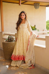 Elegant Off-White and Red Embroidered Festive Anarkali Set