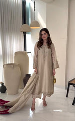 Champagne Gold Handwork Kurta Set with Contrast Embroidered Dupatta