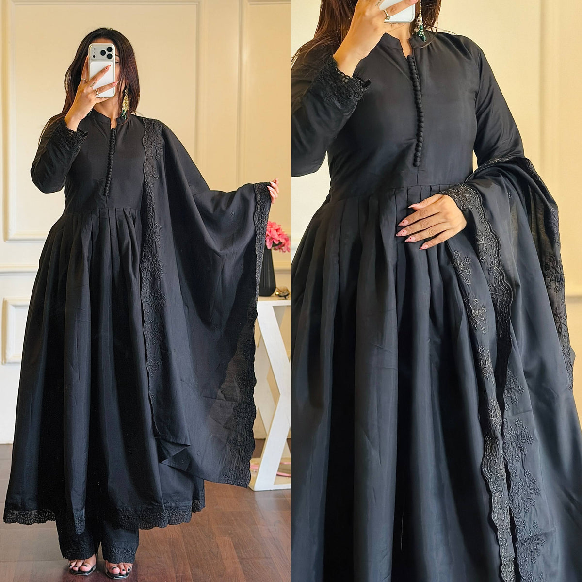 Black Mandarin Neck Flared Anarkali Kurta Set with Scallop Dupatta