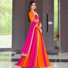Rani Pink and Tangerine Orange Dual-Tone Anarkali Suit with Dupatta