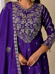 Royal Purple Silk Kurta Set with Embroidered Sharara and Dupatta - Wedding Wear