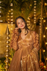 Elegant Copper-Gold Silk Anarkali Suit with Ruched Sleeves & Matching Dupatta
