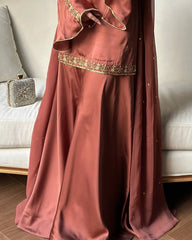 Luxurious Rust Brown Satin Sharara Set with Embroidery & Bell Sleeves