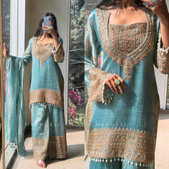 Designer Festive Wear Teal Blue Kurta Set - Intricate Golden Embroidery & Pearl Border Finish