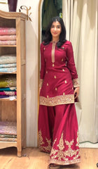 Designer Maroon Festive Wear Sharara Set – Heavily Embroidered Kurti & Flared Bottom