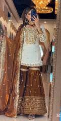 Elegant Off-White & Coffee Brown Georgette Sharara Suit with Heavy Gotta Patti Work
