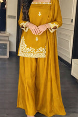 Elegant Mustard Yellow Silk-Blend Embroidered Kurta Set with Palazzo