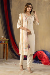 Festive Special Cream Pant-Suit Set with Intricate Neckline Embroidery & Digital Print Dupatta