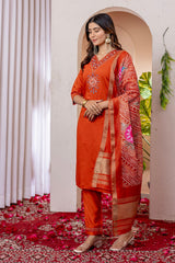 Festive Wear Embroidered Orange Salwar Suit Set with Zari Border Dupatta for Women