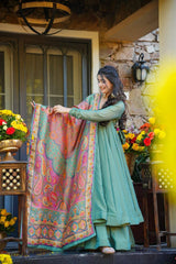 Elegant Sage Green Layered Flared Suit with Traditional Weaved Dupatta