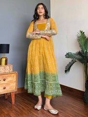 Mustard Yellow & Sage Green Bandhani Print Anarkali Kurta with Mirror Work