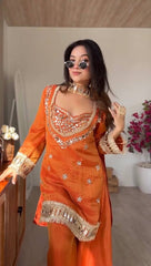 Designer Orange Silk Mirror Work Kurta with Palazzo Set