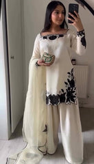 Designer White Silk Kurti with Palazzo and Matching Dupatta Set
