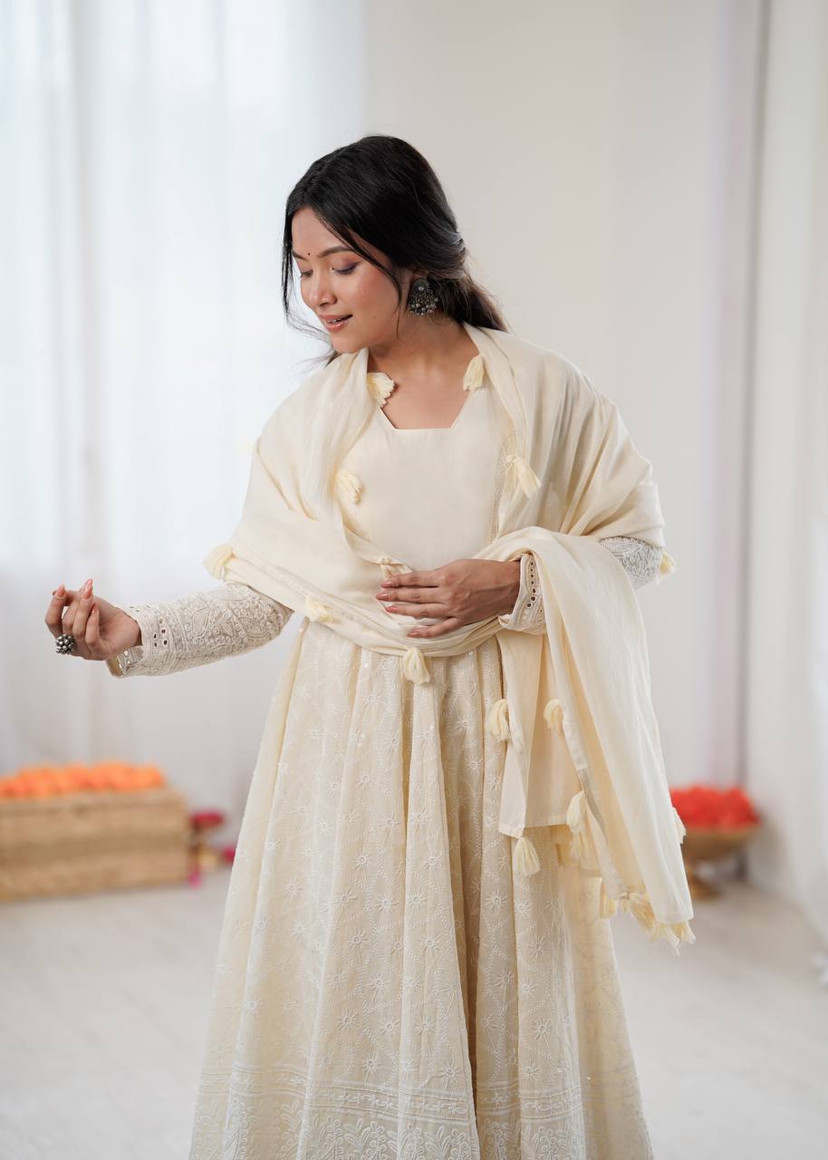 Off-White Lakhnavi Chikankari Anarkali Suit with Tasseled Dupatta