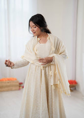 Off-White Lakhnavi Chikankari Anarkali Suit with Tasseled Dupatta