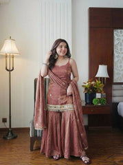 Designer Mauve Silk Blend Sharara Set with Scalloped Dupatta