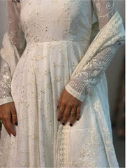 Designer Off-White Full-Sleeve Lucknowi Style Chikankari Anarkali Set