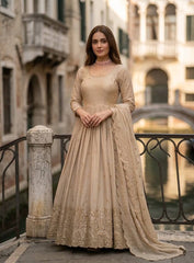 Elegant Cream Embroidered Anarkali Long Kurta Set for Weddings