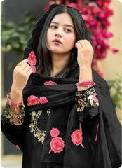 Premium Black Silk Kurta Set with Pink Floral Embroidery