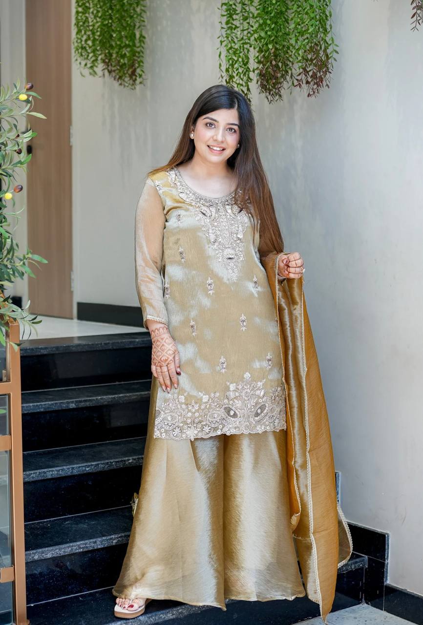 Designer Golden Olive Party Wear Suit - Embroidered Tissue Silk Kurta & Flared Sharara
